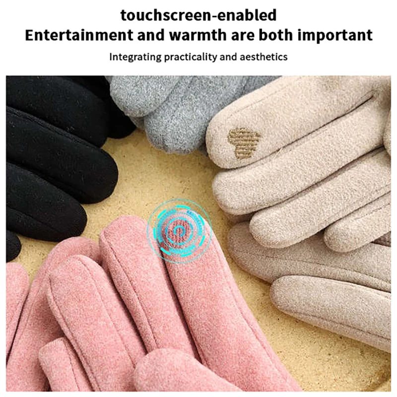 الخريف الشتاء الدافئة قفازات من جلد الغزال زائد المخملية سميكة أفخم ديكور الكفة قفازات في الهواء الطلق Coldproof لمس ركوب قفازات التزلج