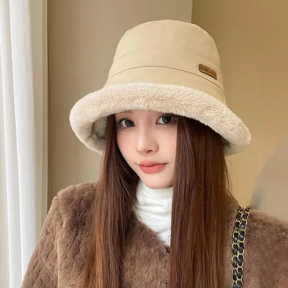 Sunshade Bucket Cap Winter Hat Plush Windproof Anti slip Unisex Bucket Cap with Round Ear Stay Warm Stylish Outdoors