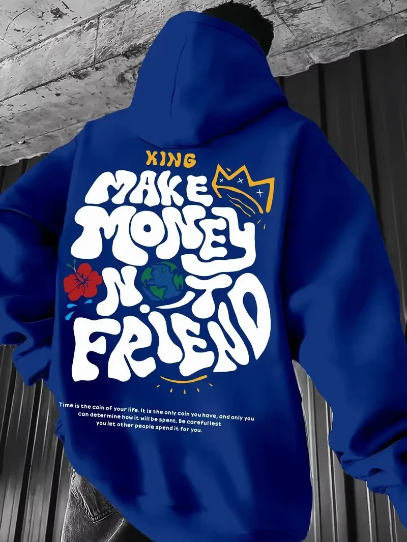 

Толстовка унисекс с геометрическим узором и принтом «Сделай деньги, не будь друзьям», подходит для повседневной носки весной.