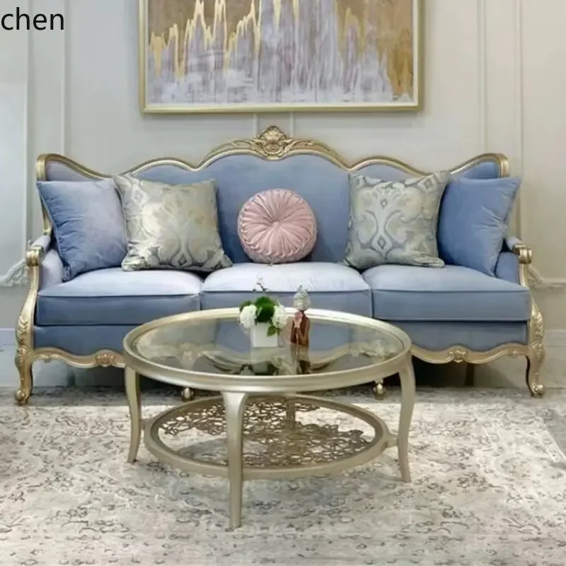 HYS French Style Solid Wood Carved Combination Blue Fabric Sofa Champagne Gold Living Room Villa Furniture