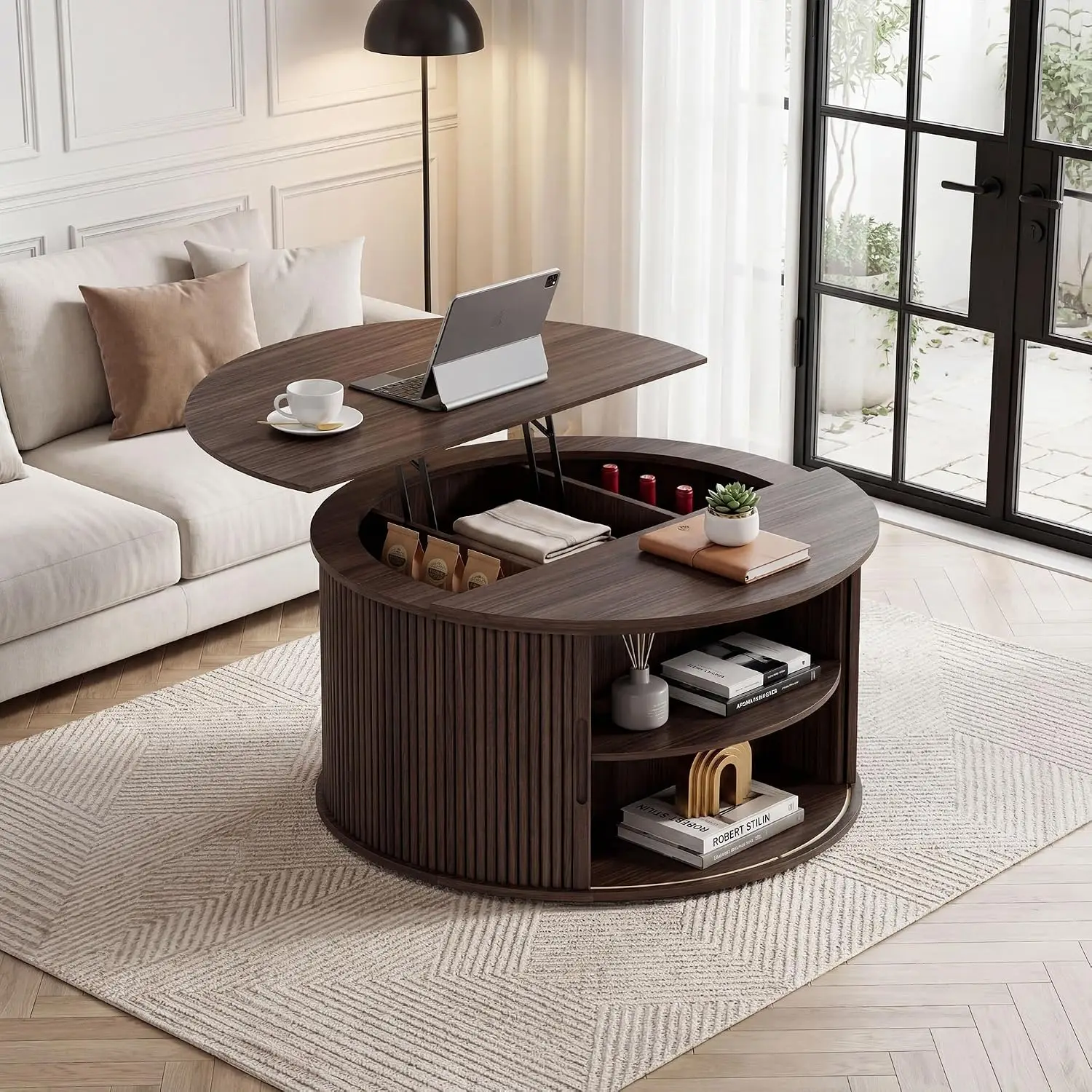 Round Lift Top Coffee Table with Storage, Fluted Drum with 360° Door & Open Shelves,  Walnut, Customized