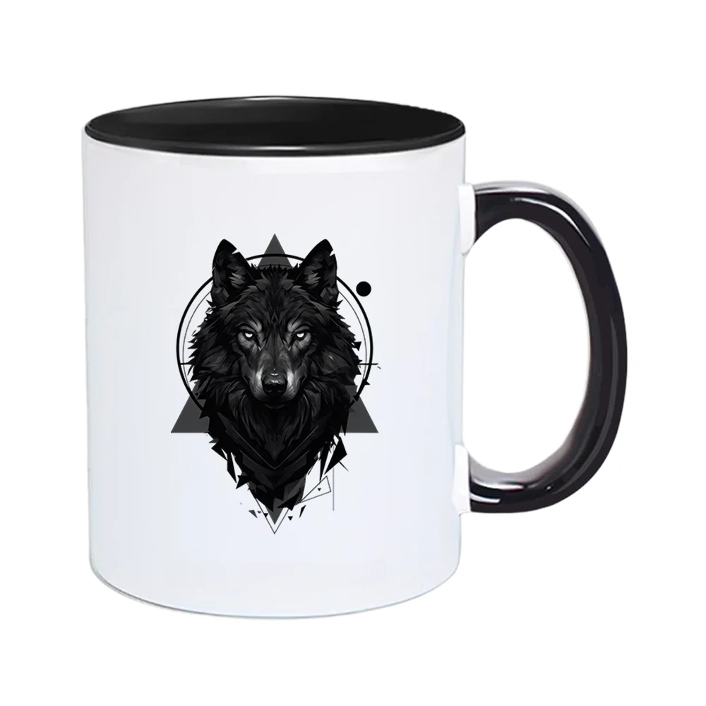 11oz Geometric Wolf Head Ceramic Coffee Mug Black Art Design Tableware for Outdoor Activities Camping Home Use Holiday Present B