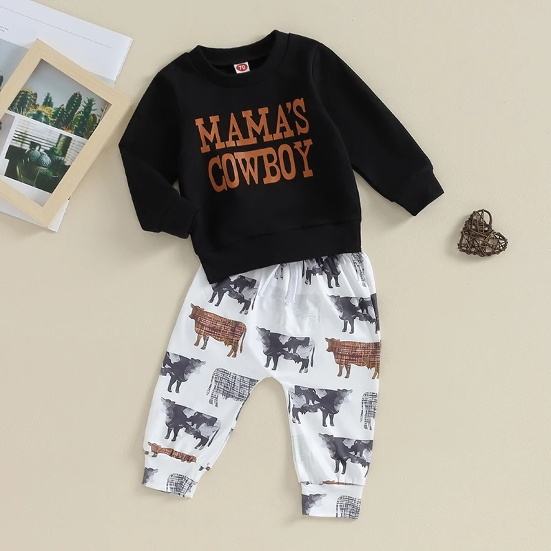 Newborn Infant Baby Boys Western Outfit MAMA’s COWBOY Long Sleeve Crewneck Sweatshirt Pants 2Pcs Fall Winter Clothes