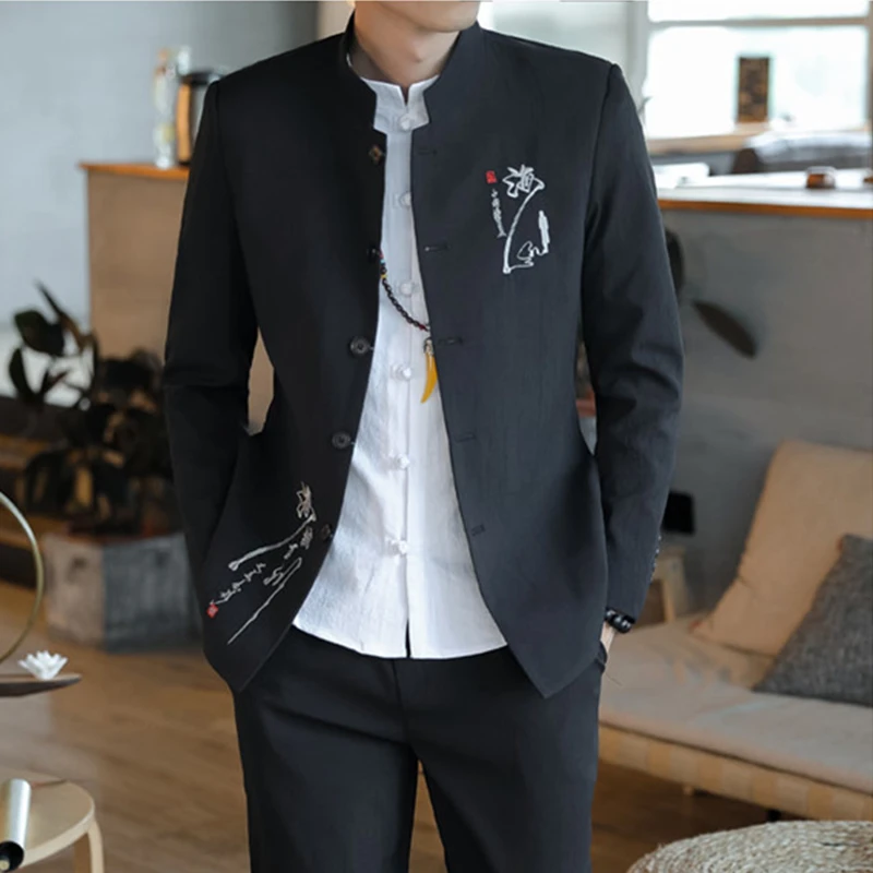 2023 New Men\'s Four Seasons Casual Suit Two Pieces Set Embroidered Chinese Style Wedding Performance Flax Blazers Jacket Pants