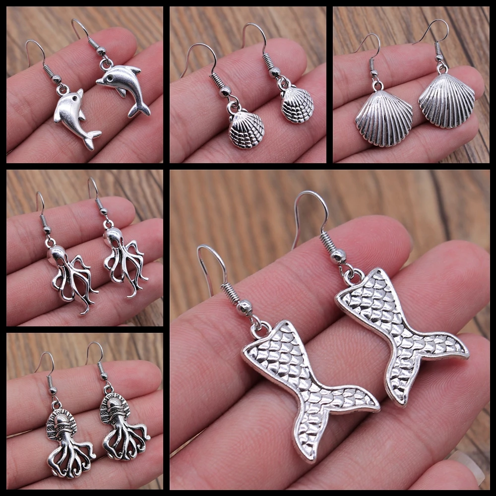 Sea Animal Marine Life Dangle Earring Vintage Shell Dolphin Octopus Squid Turtle Mermaid Shaped Earring For Women Summer Earring