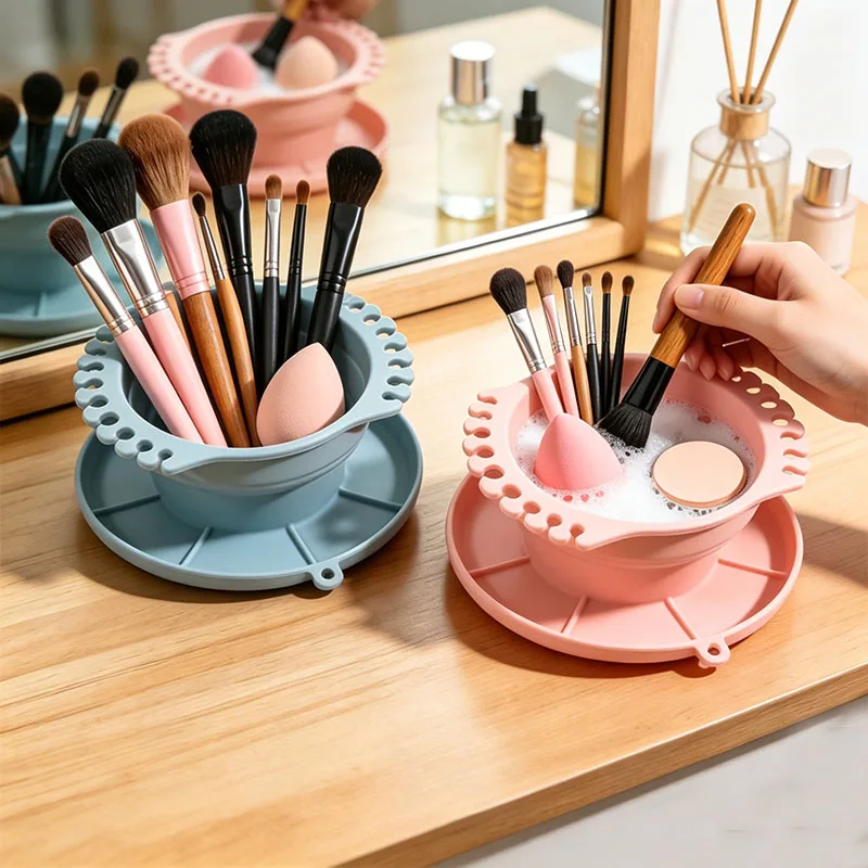 Bandeja de limpieza de silicona plegable con orificio para colgar, soporte de secado para brochas de maquillaje y Beauty Blender