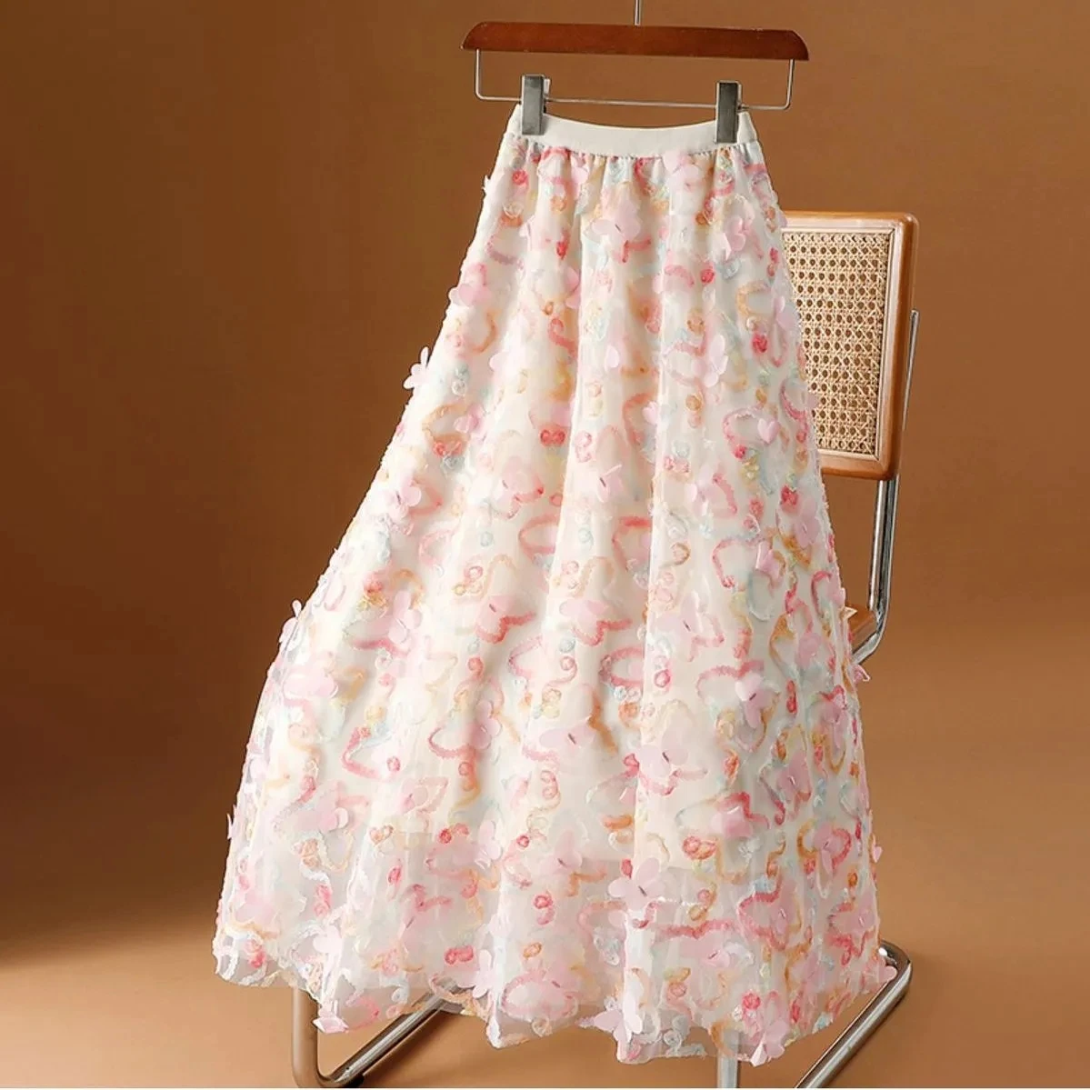 

Light Luxury Mesh Gauze Half Skirt Women 3D Butterfly Spring Summer 2023 New High-wais Long Splicing Large Swing A-line Skirts