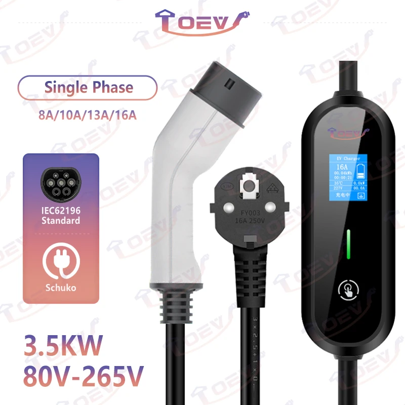 

TOEV Portable EV Charger Type 2 16A EVSE Charging Cable IEC62196-2 with EU Plug Controller Wallbox for Electric Car