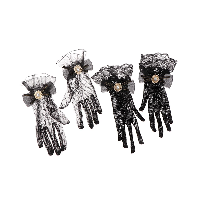 1Pair Lolita Lace Gloves Creative Black White Mesh Bow Flower Lace Gloves Women Girls Cosaplay Costume Accessory Gloves Mittens