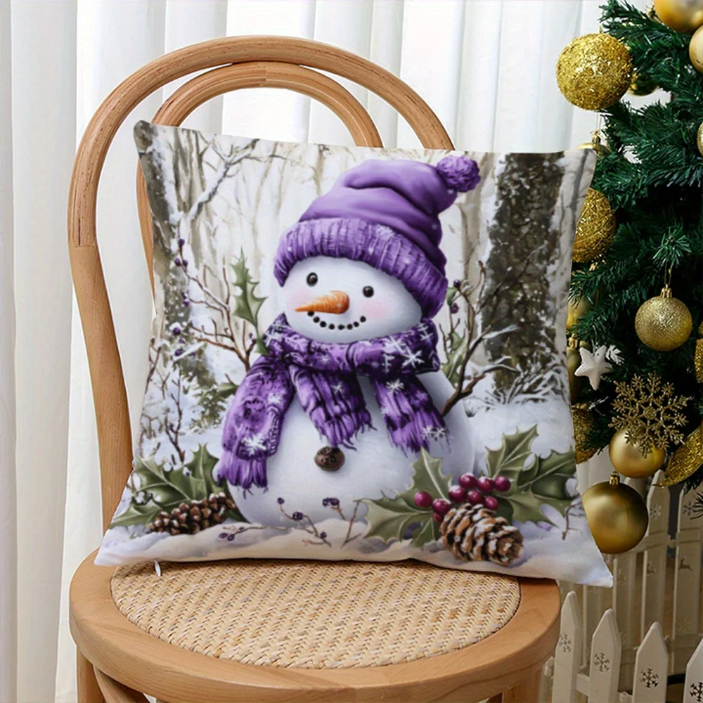 Snowman Purple Scarf Christmas Double Sided Pillow Cover Zip Cushion Case Sofa Bed Car Holiday Decor