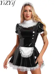 YiZYiF Womens Maid Cosplay Costume Halloween Carnival Party Clubwear Wetlook Patent Leather A-Line Maid Dress with Ruffle Apron