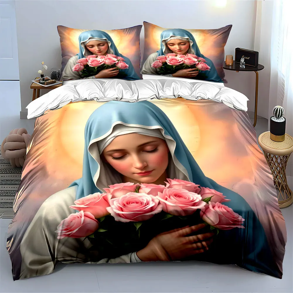 The Virgin Mary holding a rose Duvet Cover Set with 3D Printing Design Soft Polyester Bedding Set All-Season Comfort for gifts