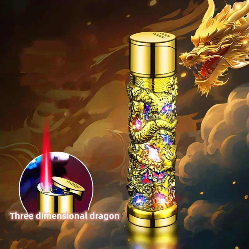 3D Relief Dragon Metal Lighter - Windproof Turbo Red Butane Flame, Portable for Women, Trendy Cigarette Accessory & Gift for Men