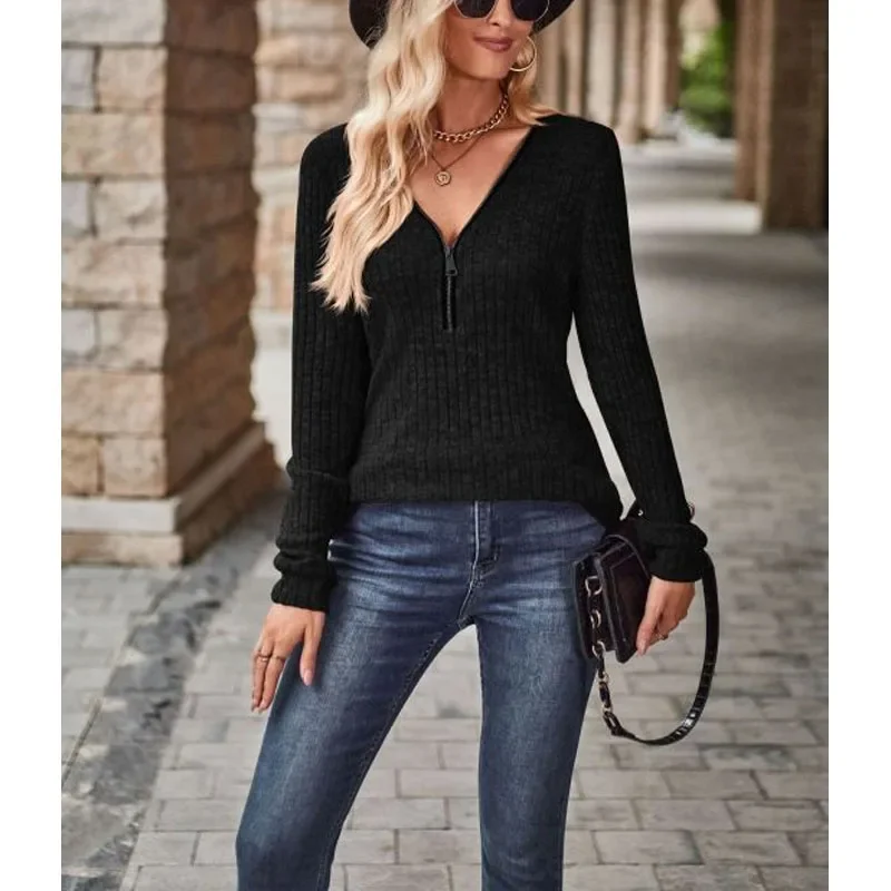 2023 New Autumn Fashion Solid Color Pit Striped Brushed V-Neck Panel Zipper Long Sleeve Temperament Women's Casual Sweater