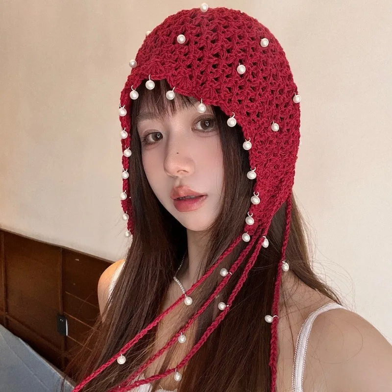 الخريف والشتاء اللؤلؤ قلادة شرابة جوفاء خارج قبعات منسوجة خمر السفر الزي بيني الأغطية للنساء #1