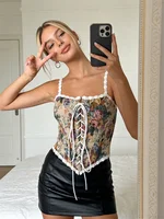Women Retro Jacquard Corset Lace Floral Trim Bandage Bustier Crop Tops Boat Neck Irregular Camisole Tank Tops Female - Image 3
