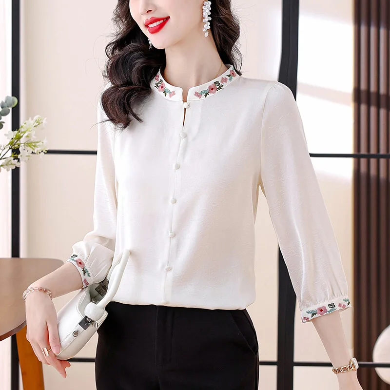 

Women Elegant Vintage Half Sleeve Chiffon Shirt Summer Fashion Chinese Style Half High Collar Embroidery Blouses Chic Loose Top