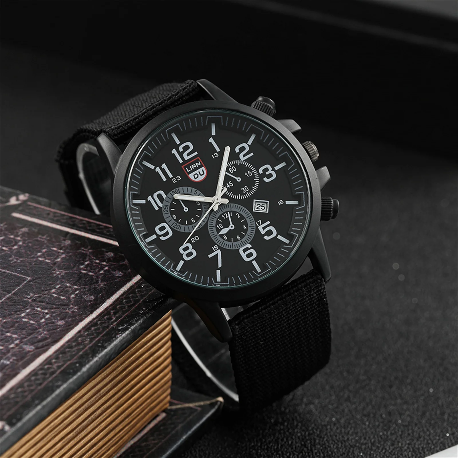 LANCARDO Men Tactical Military Fallow Watch Field Waterproof Simple Large Dial Calendar Three Eyes Decorated Nylon Braided Strap