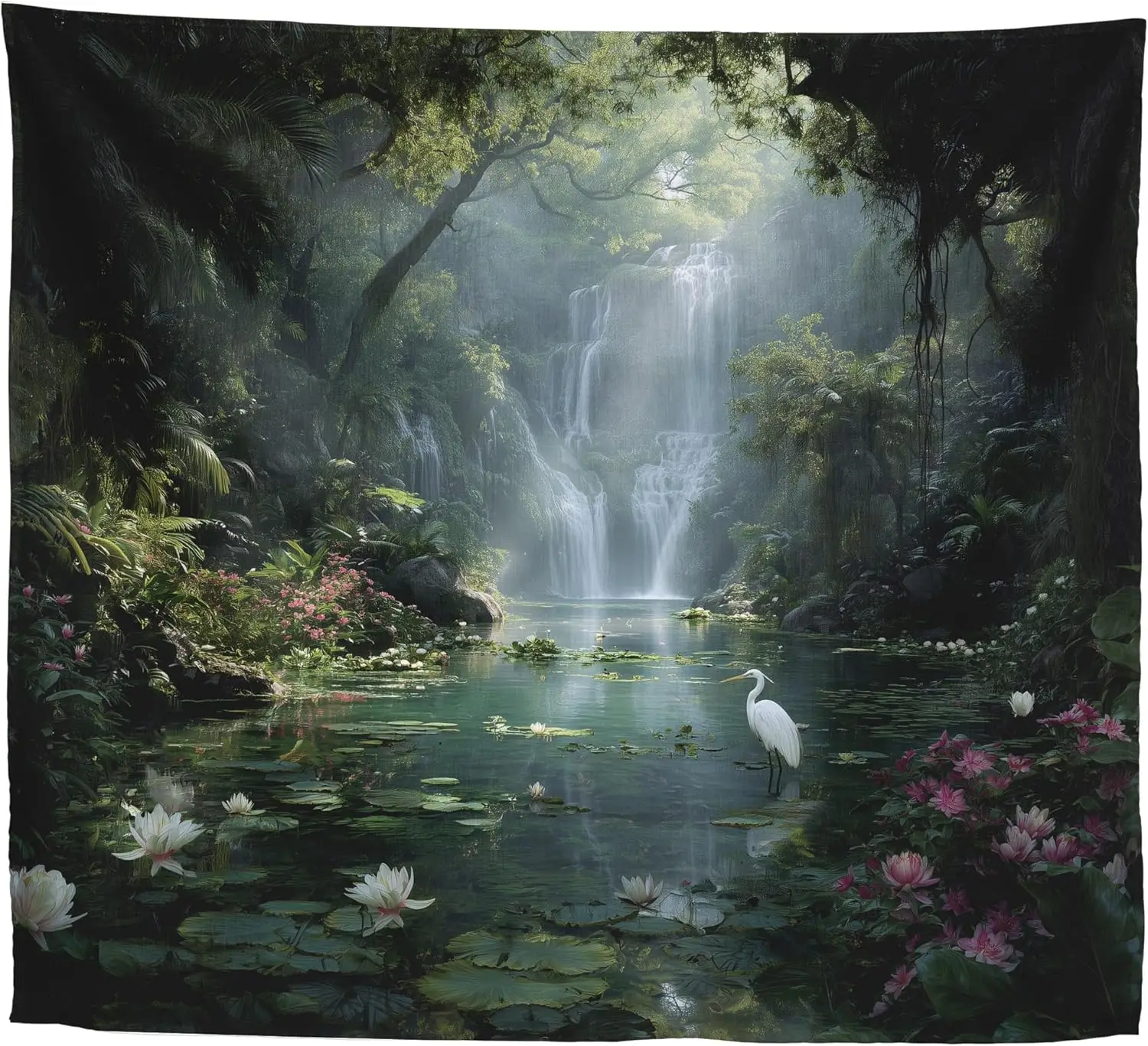 Enchanted Forest Waterfall Tapestry - Misty Rainforest Cascade with Sunbeams & Lotus Pond View, Zen Nature Landscape Illusion