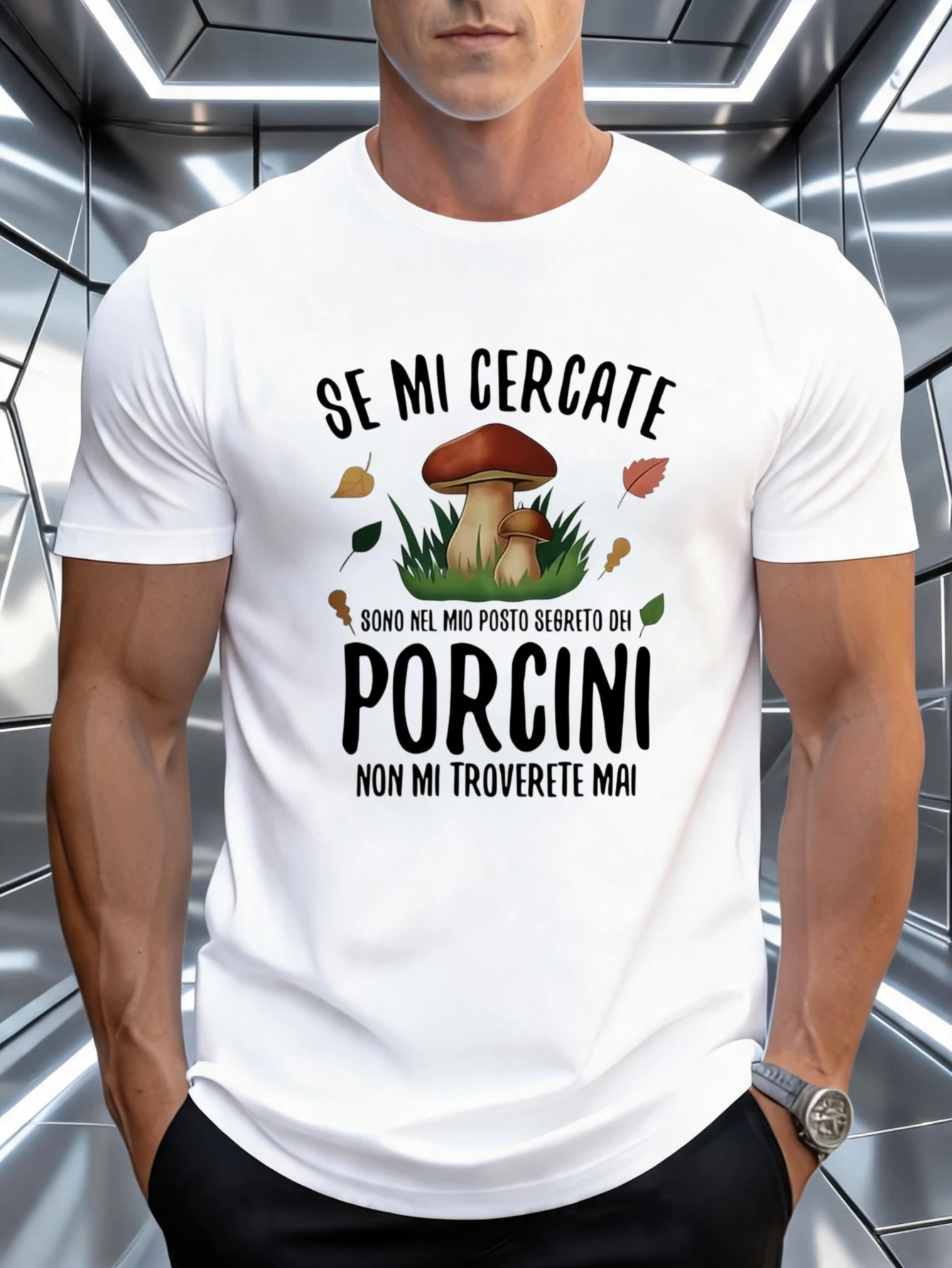 1 pièce T-shirt 100% Coton Unisexe pour Hommes et Femmes, à col rond et manches courtes, imprimé 'Se Mi Cercate Sono Nel Mio Posto Segreto Dei Porcini Non Mi Troverete Mai', grande taille, confortable, pour usage décontracté, lavable en machine.