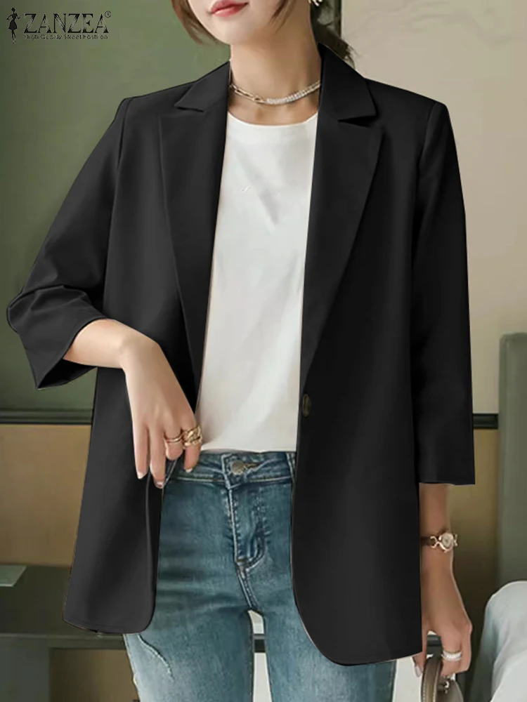 2024 ZANZEA Eleganckie damskie marynarki Letnie garnitury robocze OL Casual Lapel Neck 3/4 Sleeve Office Lady Cardigan Solid Shirt