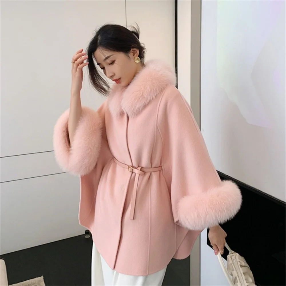 2024 New Autumn Winter Women\'s Fur Sleeve Detachable Real Fox Fur Collar Coat Wool Warm A-line Jacket Luxury Thick Female Coat