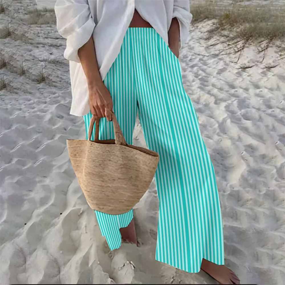 

Light Green Striped Women's Printed Casual Loose Pants Hawaii Beach Modaling Woman's Chic Outfit Abstract Stripes Long Pants