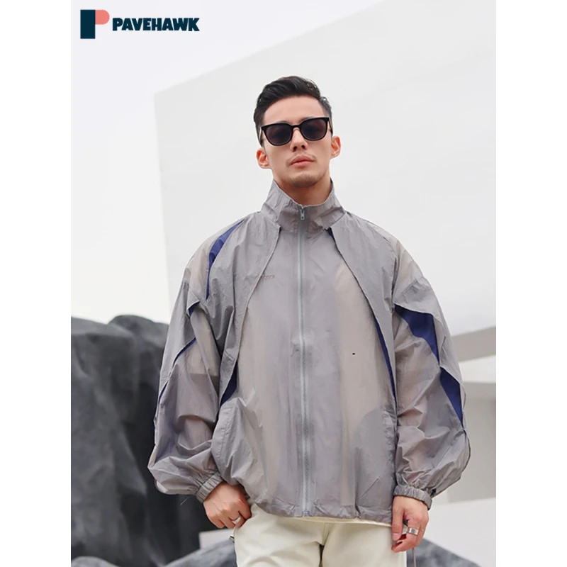 

American Casual Sunscreen Jacket Men Women Summer Lightweight Ventilate Zipper Coats Vintage Loose Sports Stand Collar Outwear