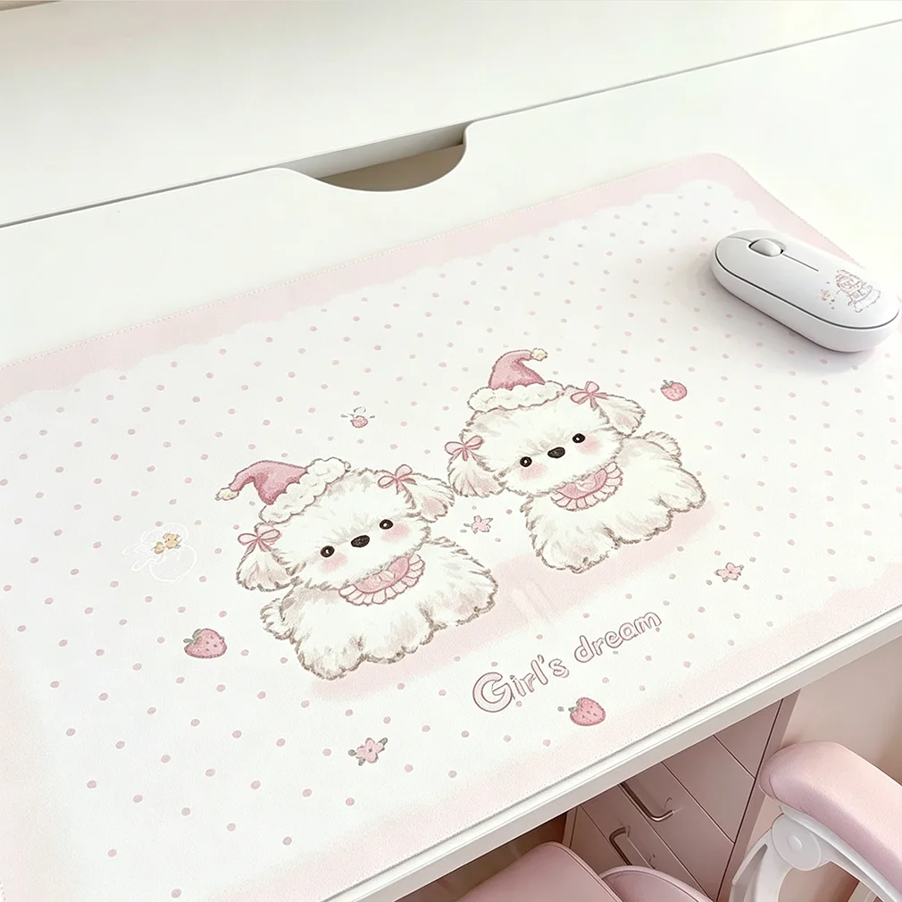 Leather Desk Pad Protector Pink Gradient Polka Dots Puppy Kawaii Dog Y2K Mouse Pad Office Desk Mat PU Desk Blotter keyboard Pads
