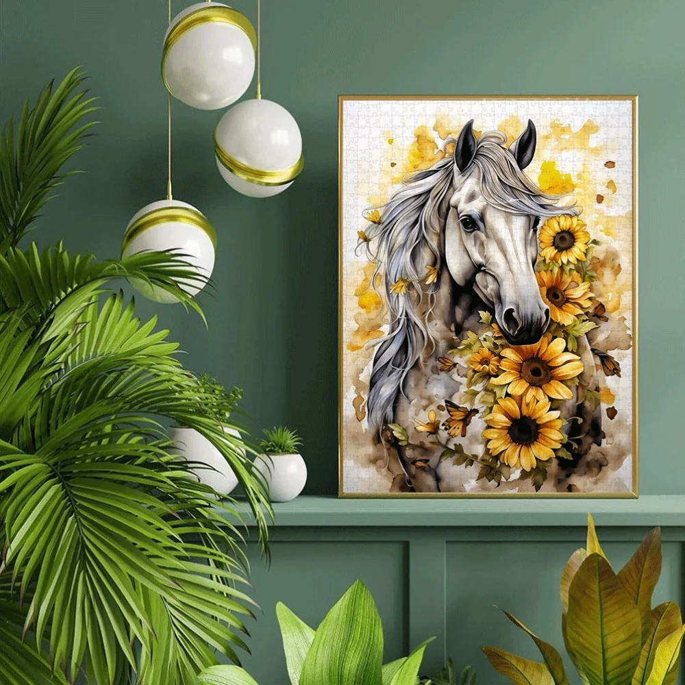 Aquarel wit paard en zonnebloem puzzel volwassen kinderen intellectueel spel thuis vrije tijd decompressie artistiek puzzel speelgoed