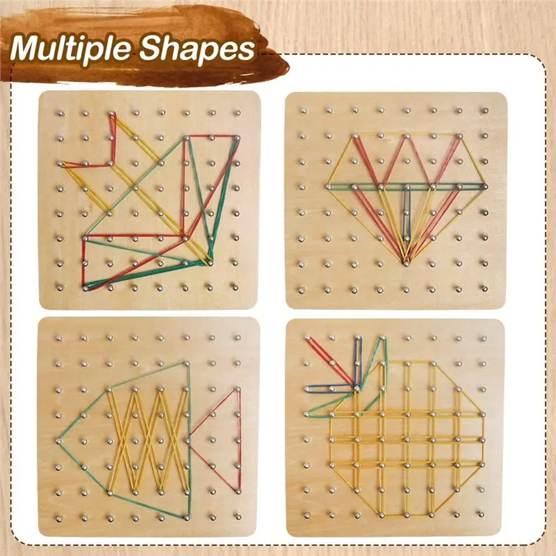 ABXE-Wooden Geoboard With 30 Pattern Cards And 40 Rubber Bands For 3 4 5-Year-Old Kids And Toddlers To Create Figures