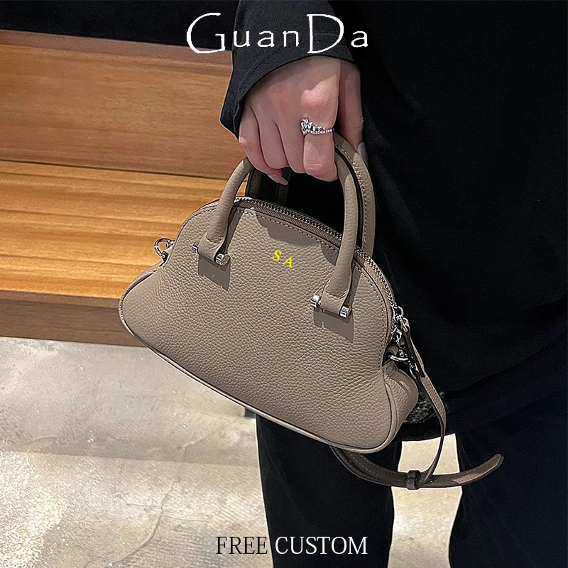 

Luxury Woman Handbag Custom Letters Cowhide Fashion Shell Bag Engrave Name Female Genuine Leather Crossbody Bag Cute Bowling Bag