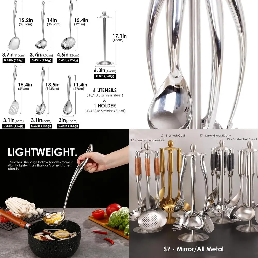 

7-Piece 18/10 Stainless Steel Kitchen Utensil Set with Rotating Stand, Includes Spatula, Ladle, Skimmer, Turner, Pasta Server, a