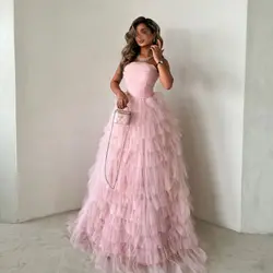 Aenyrst Elegant A-line Pink Prom Gown customized Tulle Tiered Cake Dress Party Evening Dress Floor Length Formal Occasion Gowns