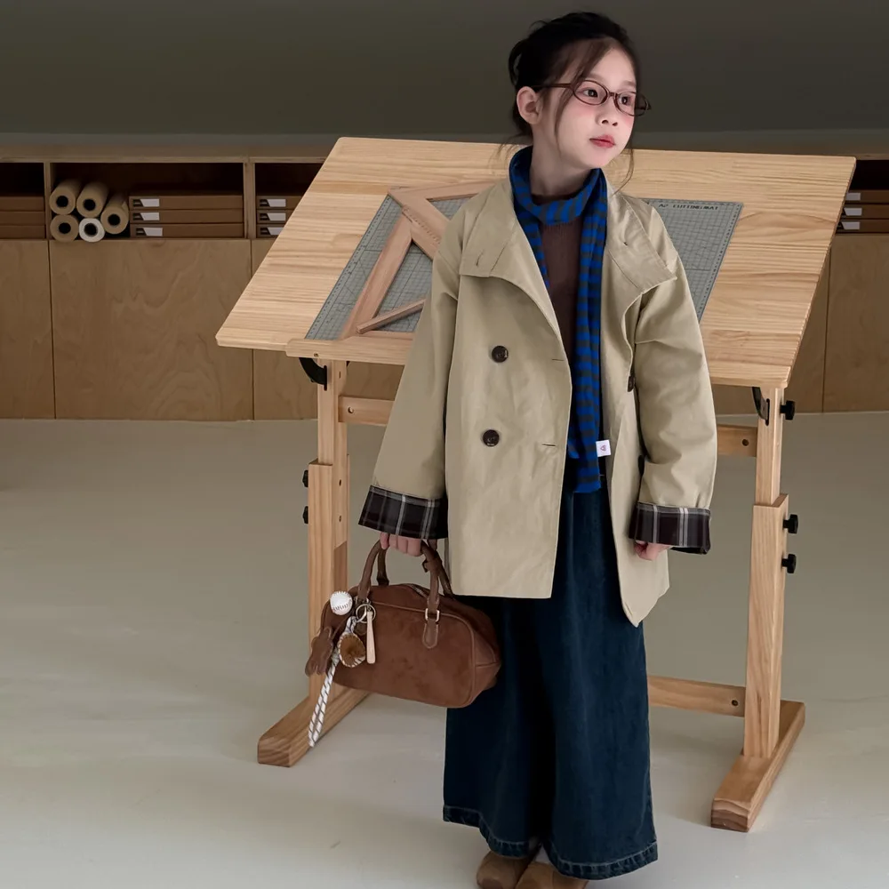 

Children's Jacket 2025 Autumn Girls' Solid Colour Lapel Mid-Length Trench Coat Children's Casual Versatile Top