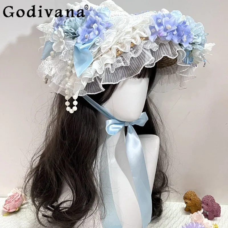 

Original Blue Lolita Lace Princess Hat Female Japanese Style Sweet Birthday Party BNT Hat Women's Banquet Cute Hair Accessories