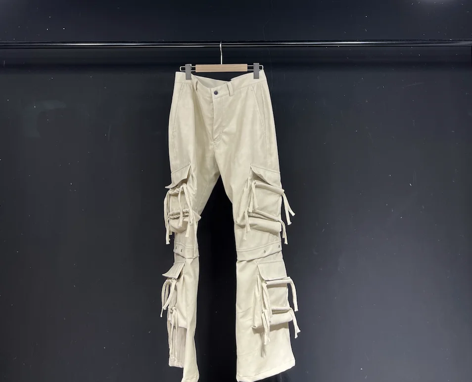 

Off White PU Leather Straight Leg Pants Flared Ribbon Long Pants Male Singer Stage Performance Attire Nightclub DJ overalls