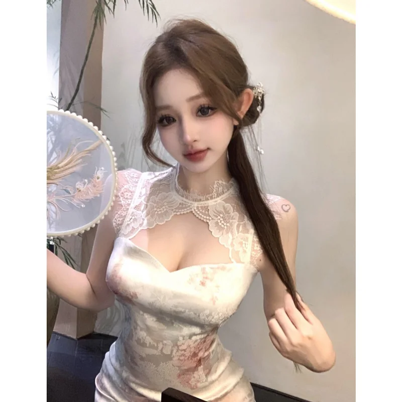 Nuevo Vestido Estilo Chino para Chicas Jóvenes, Vestido Sexy de Encaje Transparente, Satinado y Ajustado, Ideal para Citas y el Día a Día en la Ciudad