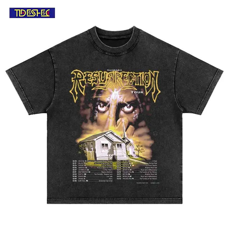 

Hip Hop Vintage Loose Leisure Summer Portrait Print Short Sleeve Streetwear Harajuku Cotton Punk T-Shirt Washed Oversized Top