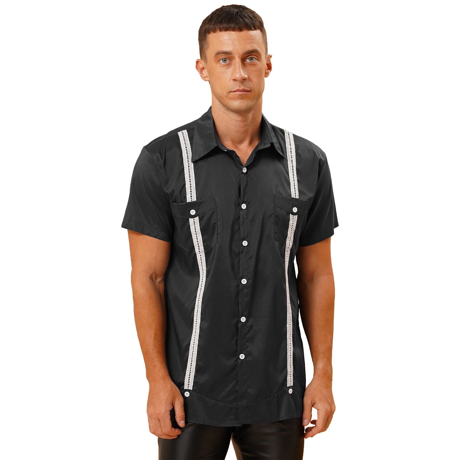 

Mens Stripe Shirt Short Sleeve Button Tops Turn-Down Collar Shirt Contrast Color Vacation Travel Beachwear Casual Shirt