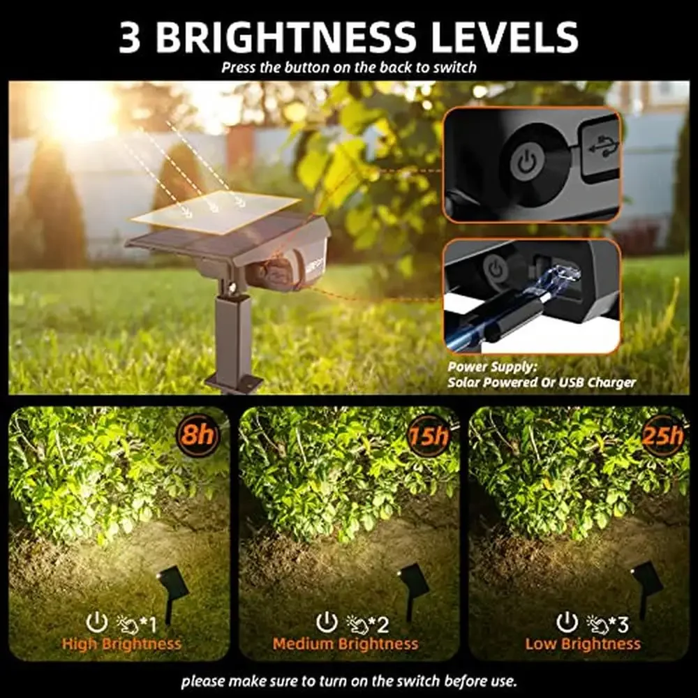 Projecteurs Solaires d'Extérieur, Étanches, Conforme à la Norme IP65, Rechargeable par USB, 3 Modes, Applique Murale de Paysage, Panneau Réglable, Idéal pour Cour et Jardin