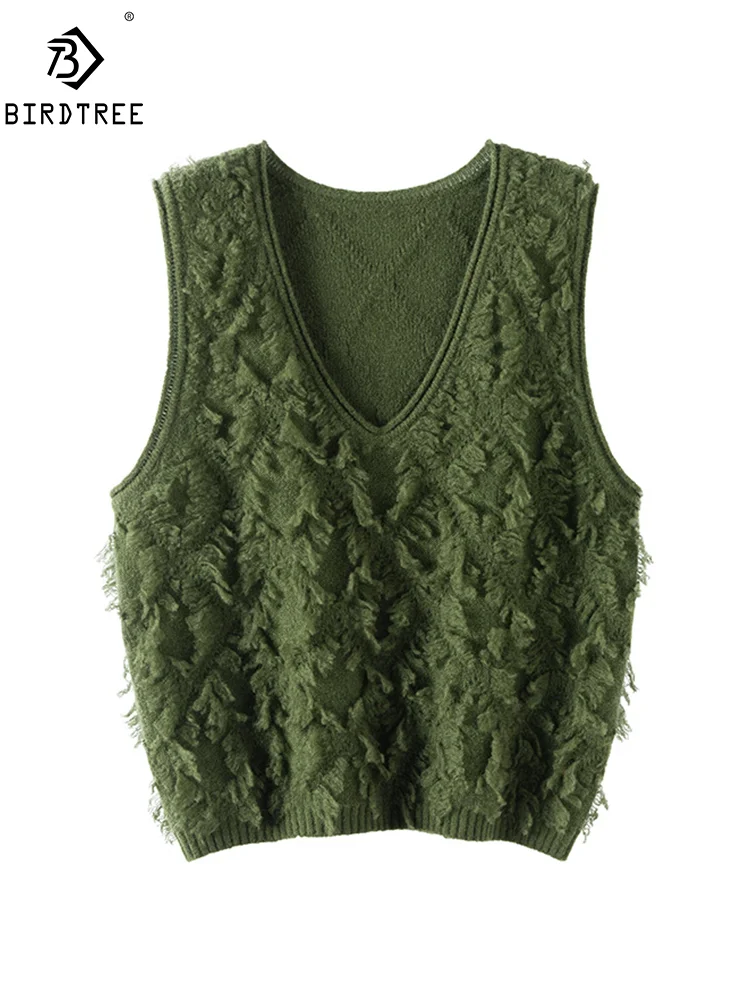 BirdTree, Natural Silk Cashmere Elegant Knitted Vest, Women V-Neck Fringe, Fashion Loose Sweater, Autumn Winter New Top T48456QM