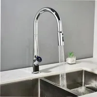 Brass Pull Out Kitchen Sink Faucet Temperature Display Push Switch Hot And Cold Mixer Water Faucet Multifunction Sink Tap