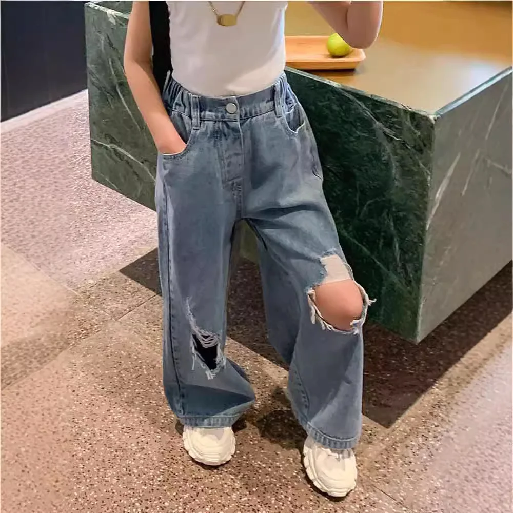 2026 Street Style Fashion Children's Ripped Jeans Baby Girls' High Waist Wide Leg Pants Big Children's Pants for Ages 3-17 Years
