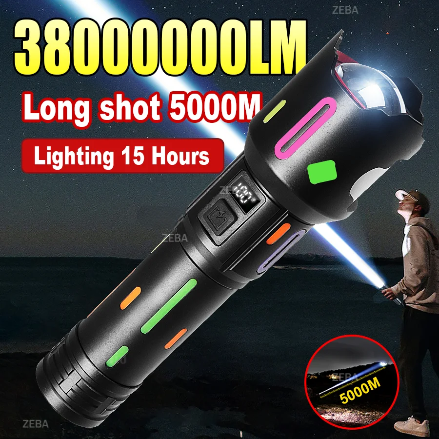 3800LM Powerful Flashlight Battery Display USB Rechargeable Light Telescopic Zoom Torch Lamp Outdoor Camping Fishing Lantern