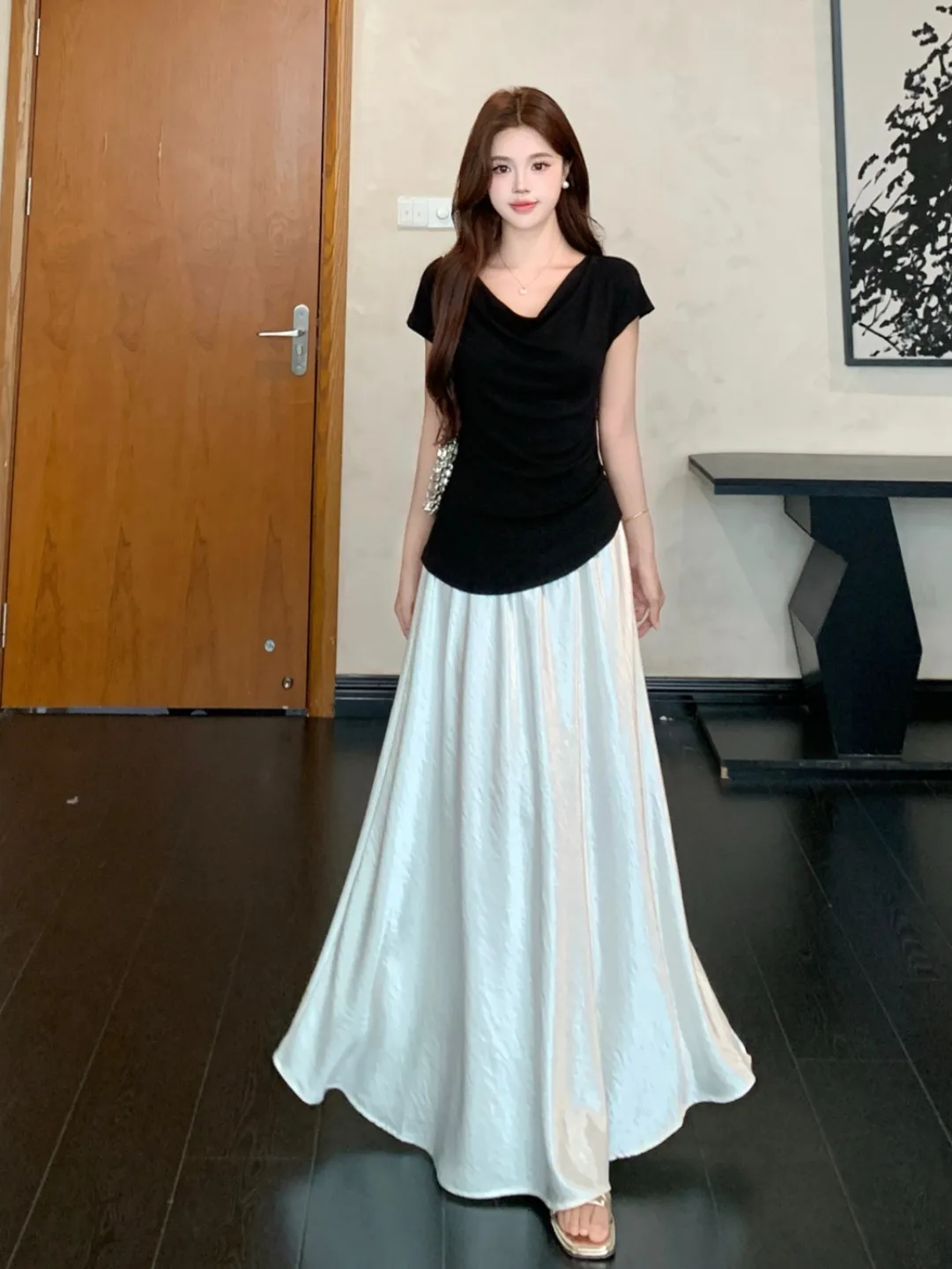 

plus Size Summer Korean Style One Shoulder Half Skirt Commute Slimming Two-Piece Set Women's Casual Breathable Short Sleeve T...
