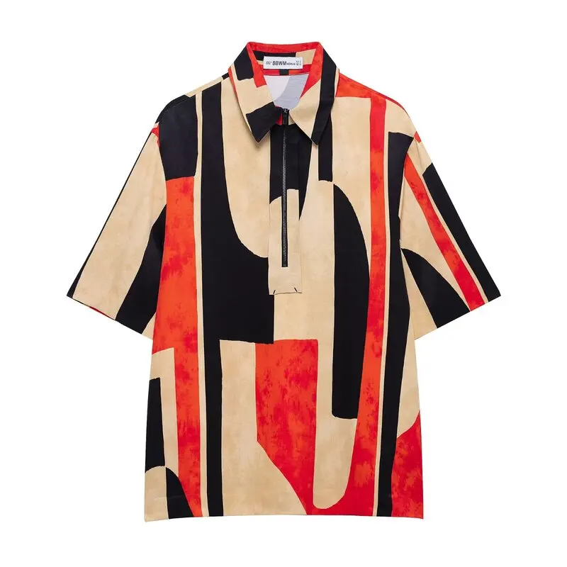 Spring 2025 New Faion Women's Printed ort Sve Turn-down Collar irt High Waist Pants Set High Waist Long Pants