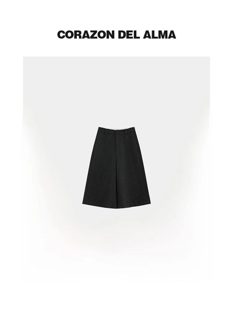 

Hori Retro Tweed Unmaintained Casual Fashionable Wide Leg Five-Quarter Length Pants High Waist Zipper Closure Commute Style