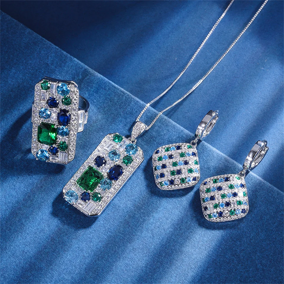 

Stylish Colorful Baby Stone Square Color Block Ring Necklace Earrings Set, Sparkling Diamond-Studded Stainless Steel Jewelry Set
