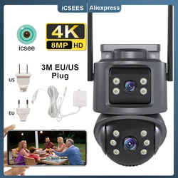 4K 8MP HD Wifi PTZ Camera Outdoor 4MP Dual Lens Dual Screen AI Auto Tracking IP Camera CCTV Audio Video Surveillance P2P iCSee